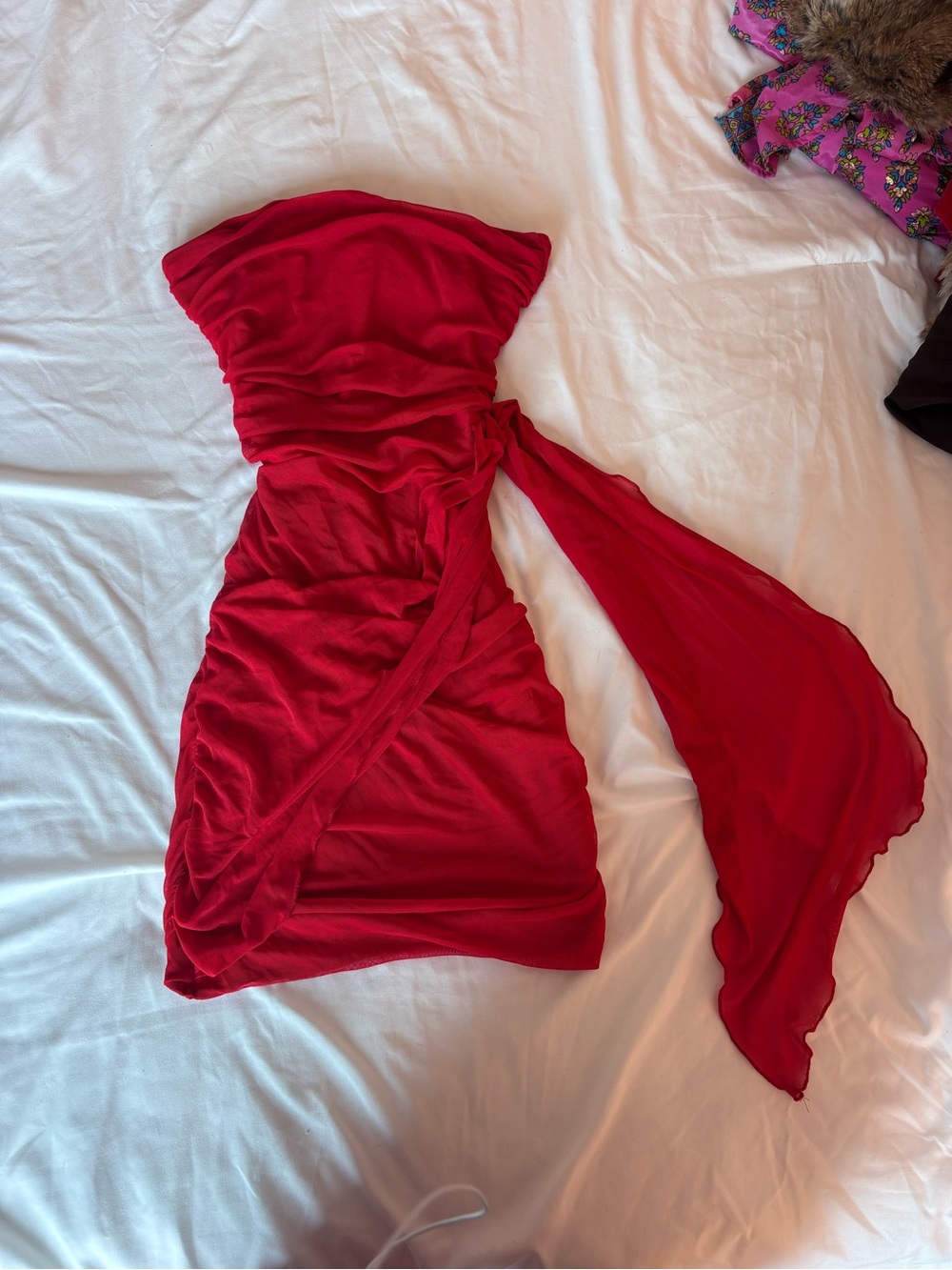 Strapless Red Mini Dress with Draped Sash